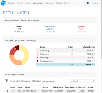 PVSconnect - Rechnungen - Übersicht über Status der Rechnungen